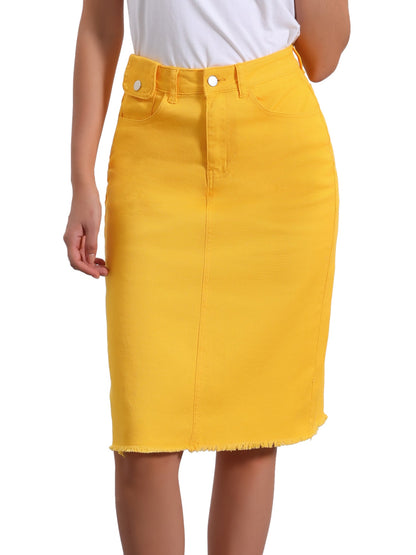 Effortless Denim Skirt for Women with High Waist Midi Straight Raw Hem Casual Jean Style