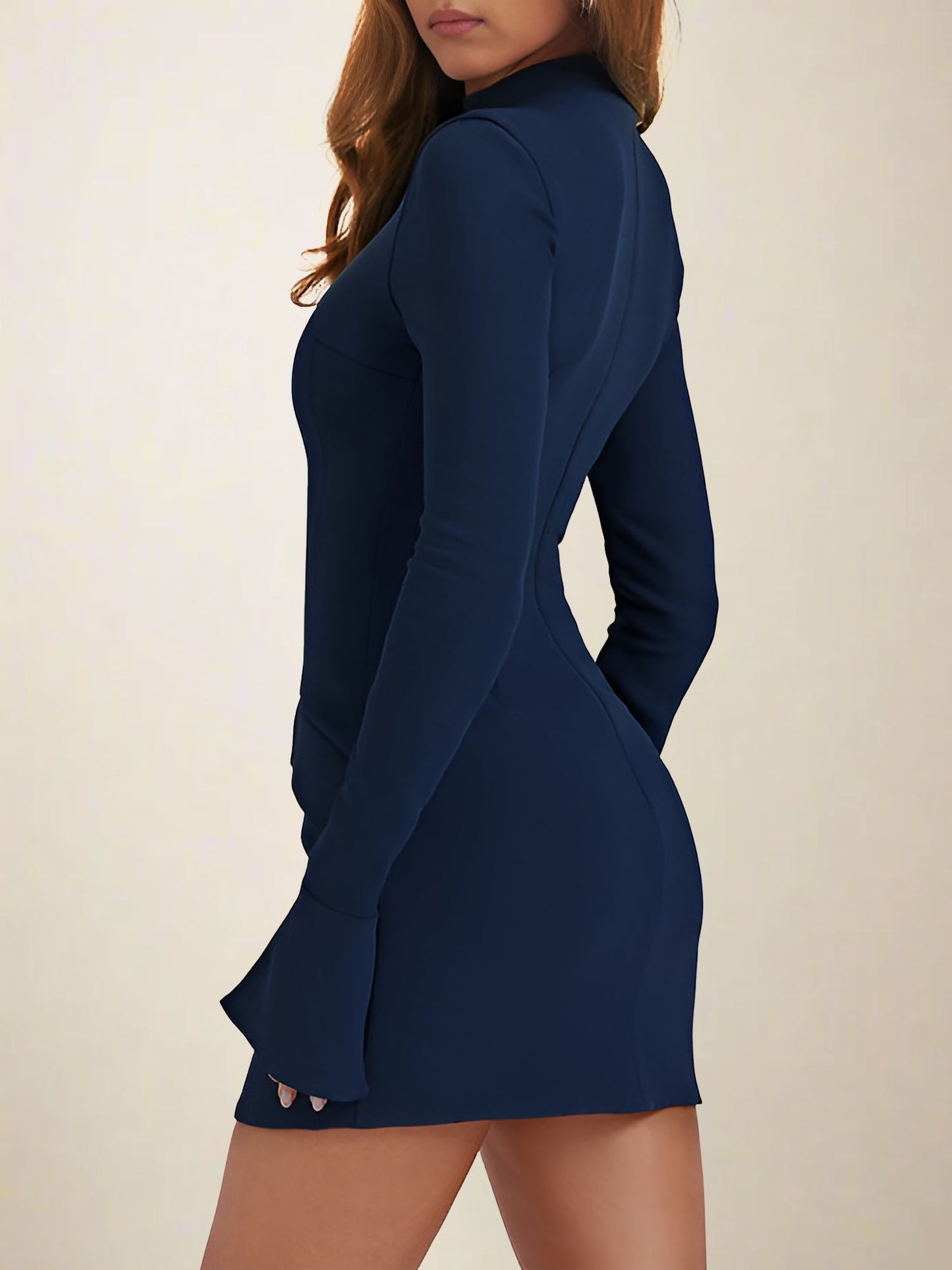 Elegant Bodycon Dress for Women with Mock Neck Long Sleeve Ribbed Mini Style