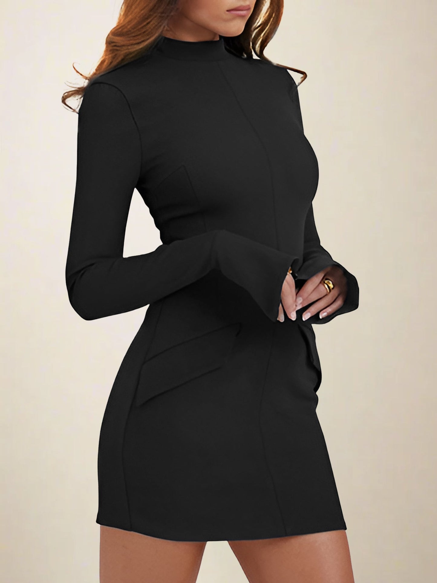 Elegant Bodycon Dress for Women with Mock Neck Long Sleeve Ribbed Mini Style