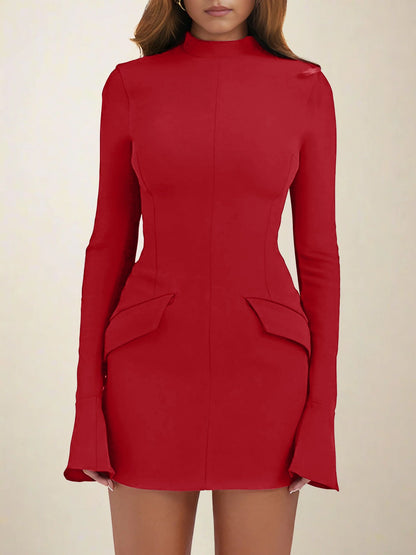 Elegant Bodycon Dress for Women with Mock Neck Long Sleeve Ribbed Mini Style
