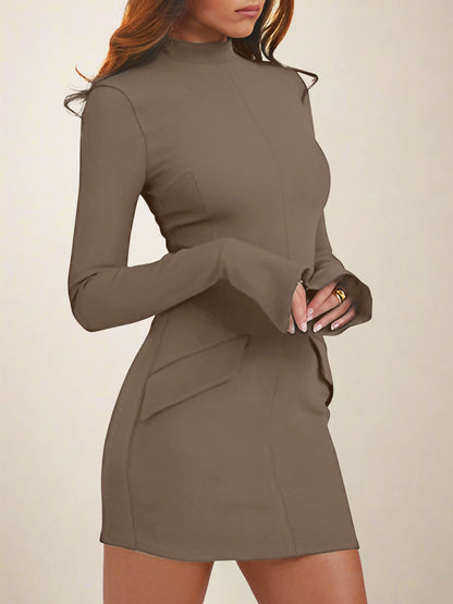 Elegant Bodycon Dress for Women with Mock Neck Long Sleeve Ribbed Mini Style