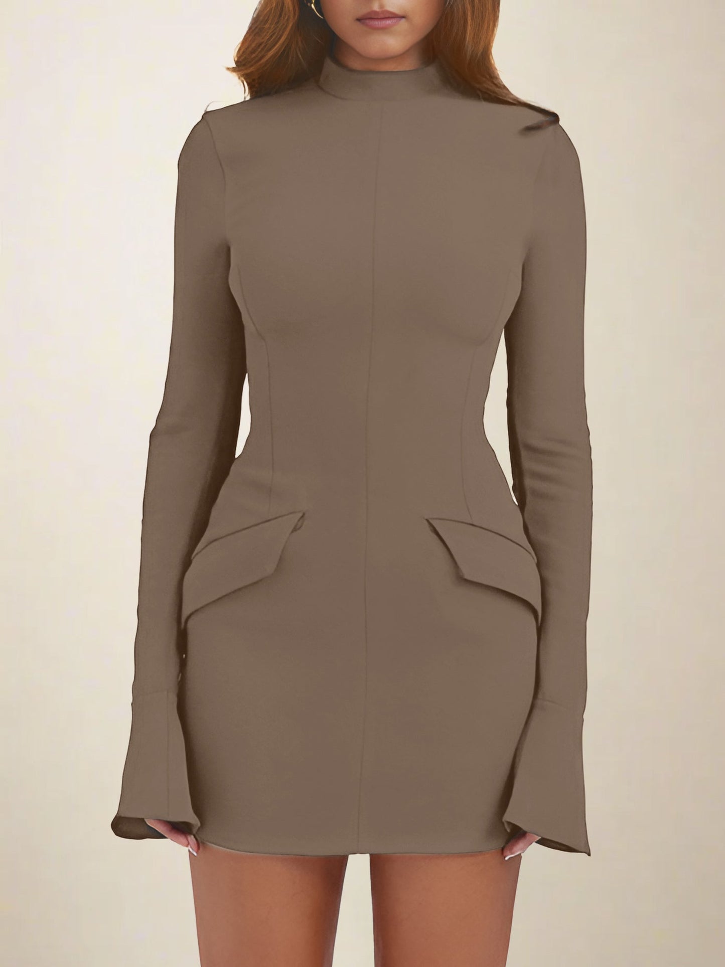 Elegant Bodycon Dress for Women with Mock Neck Long Sleeve Ribbed Mini Style