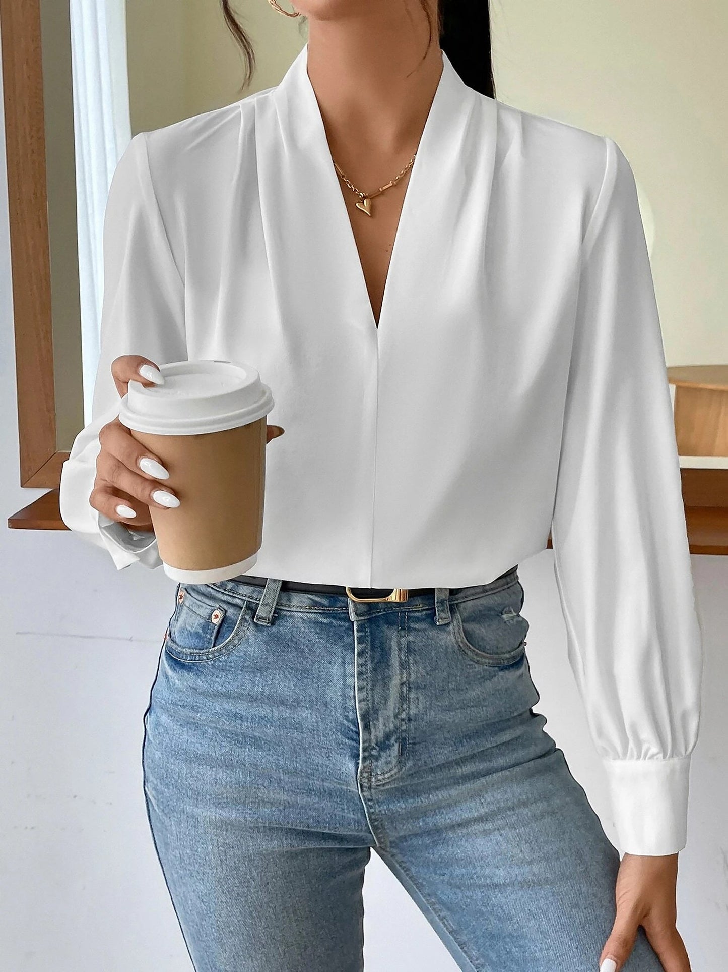 Elegant Blouses for Women with V Neck Pleated Long Sleeve Work Style