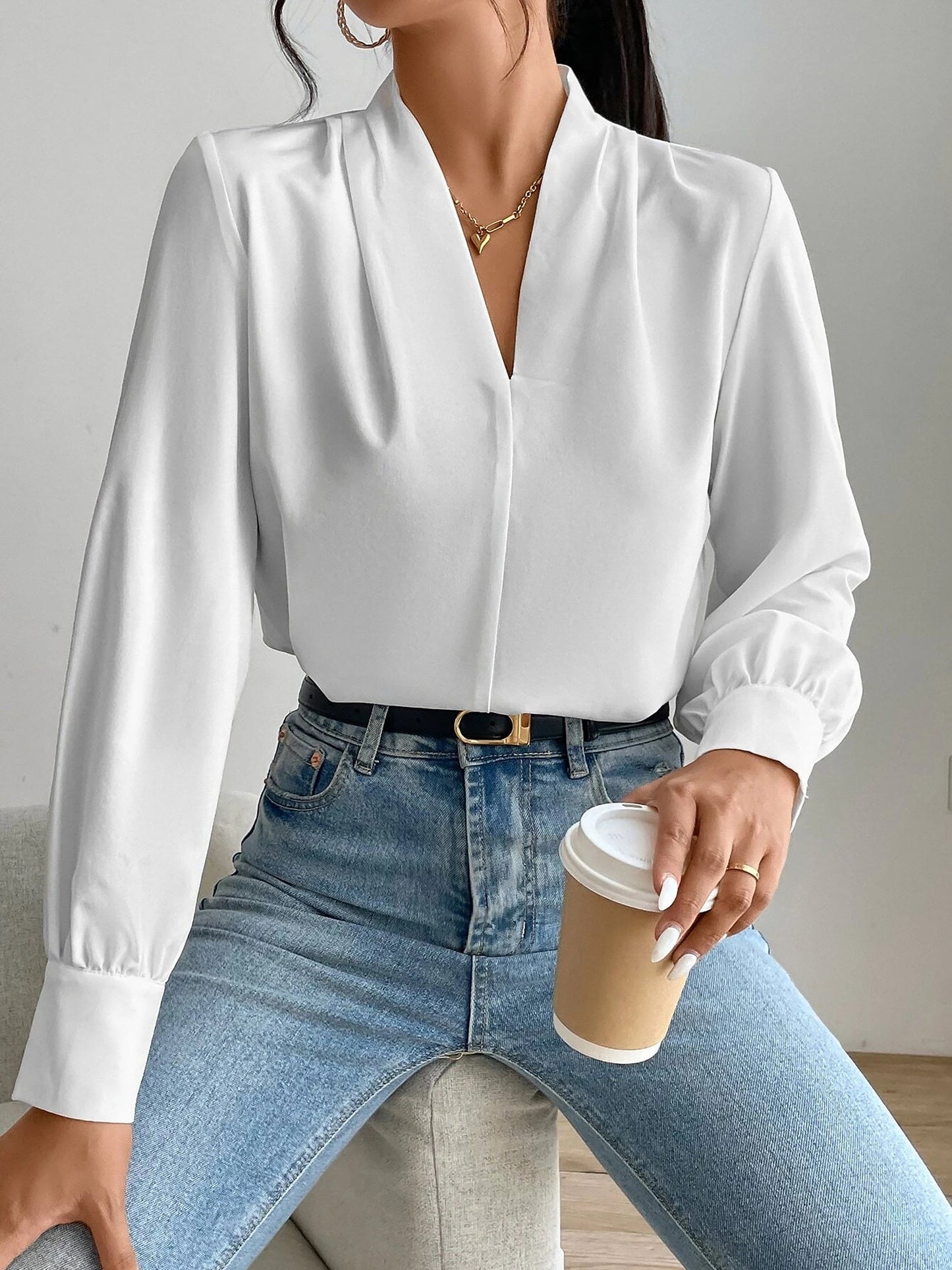 Elegant Blouses for Women with V Neck Pleated Long Sleeve Work Style