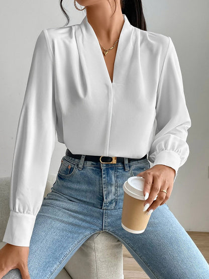 Elegant Blouses for Women with V Neck Pleated Long Sleeve Work Style