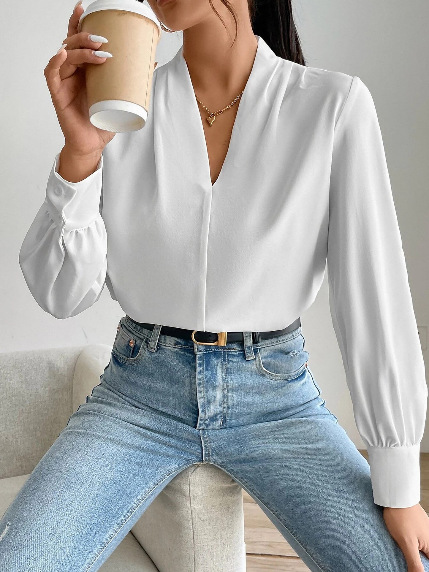 Elegant Blouses for Women with V Neck Pleated Long Sleeve Work Style
