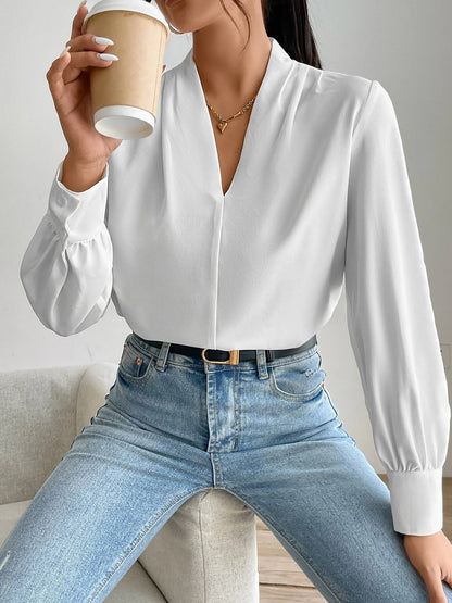 Elegant Blouses for Women with V Neck Pleated Long Sleeve Work Style
