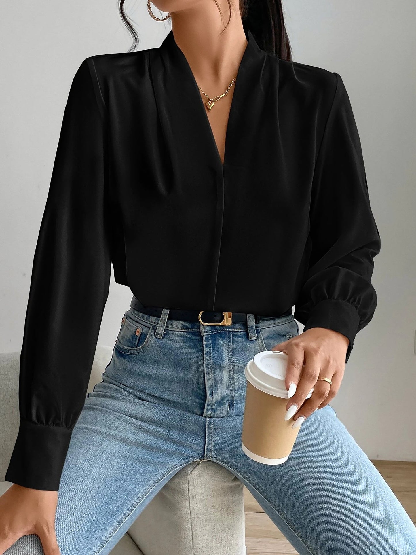 Elegant Blouses for Women with V Neck Pleated Long Sleeve Work Style