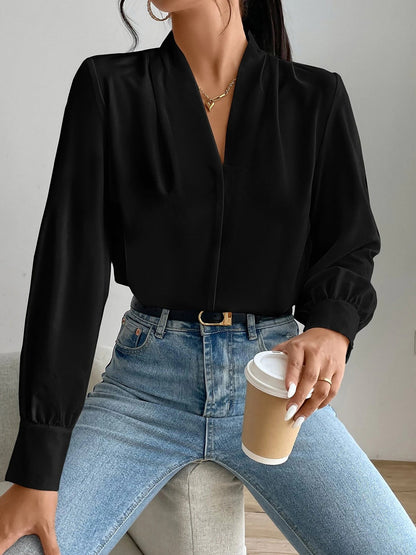 Elegant Blouses for Women with V Neck Pleated Long Sleeve Work Style