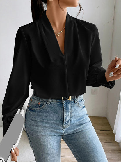 Elegant Blouses for Women with V Neck Pleated Long Sleeve Work Style