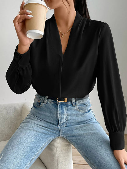 Elegant Blouses for Women with V Neck Pleated Long Sleeve Work Style