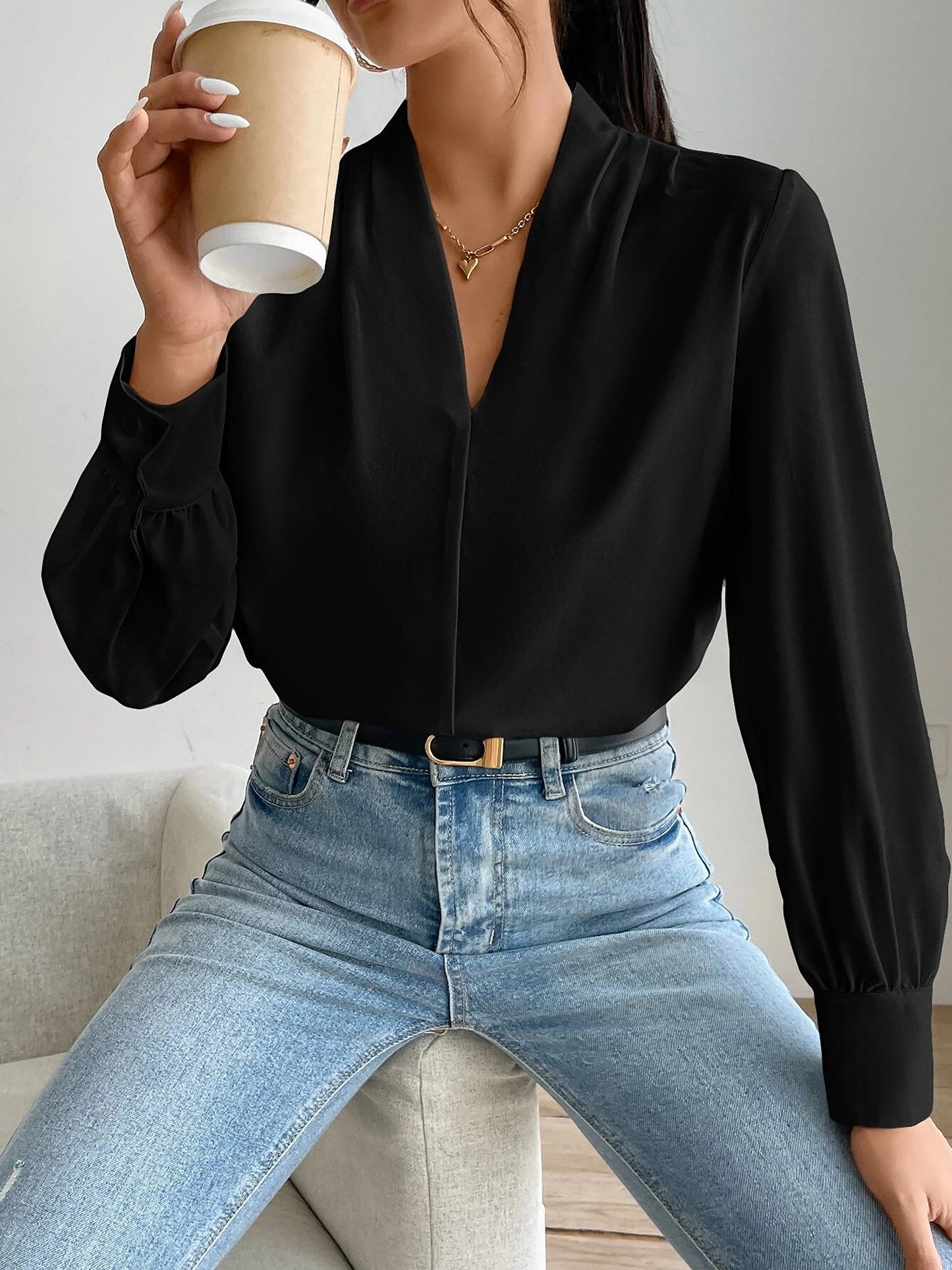 Elegant Blouses for Women with V Neck Pleated Long Sleeve Work Style