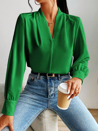 Elegant Blouses for Women with V Neck Pleated Long Sleeve Work Style