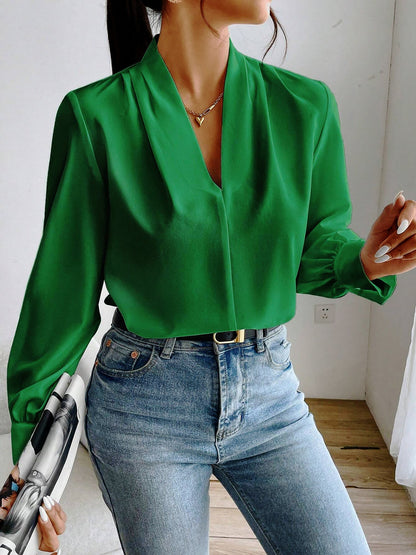 Elegant Blouses for Women with V Neck Pleated Long Sleeve Work Style