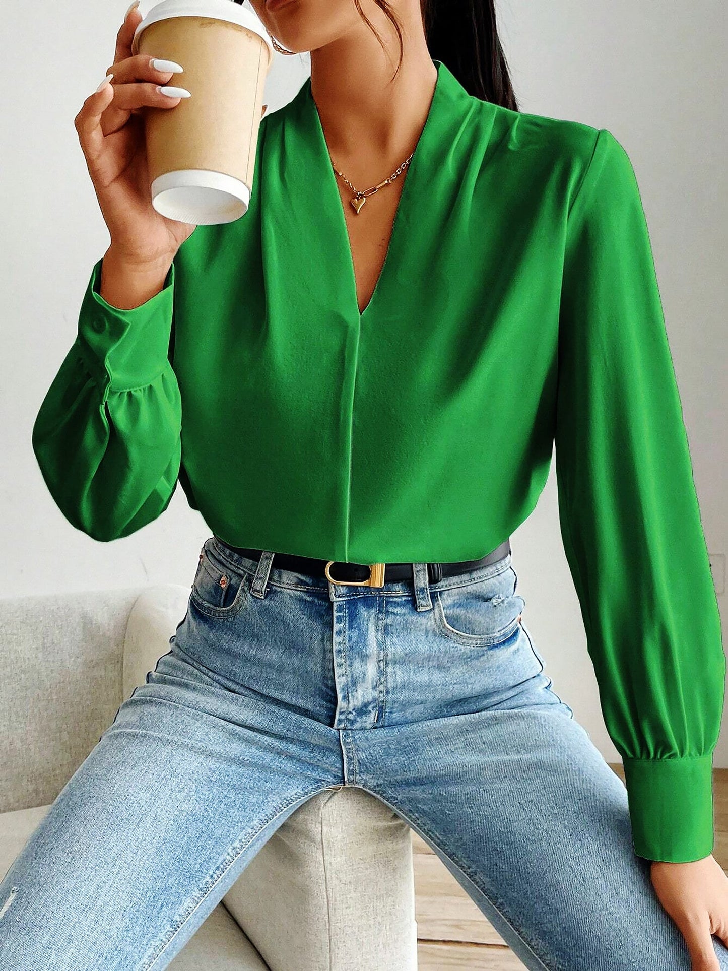 Elegant Blouses for Women with V Neck Pleated Long Sleeve Work Style
