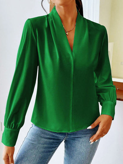 Elegant Blouses for Women with V Neck Pleated Long Sleeve Work Style