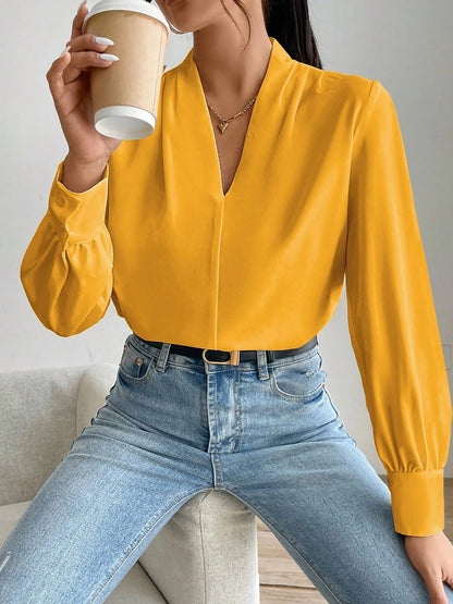 Elegant Blouses for Women with V Neck Pleated Long Sleeve Work Style