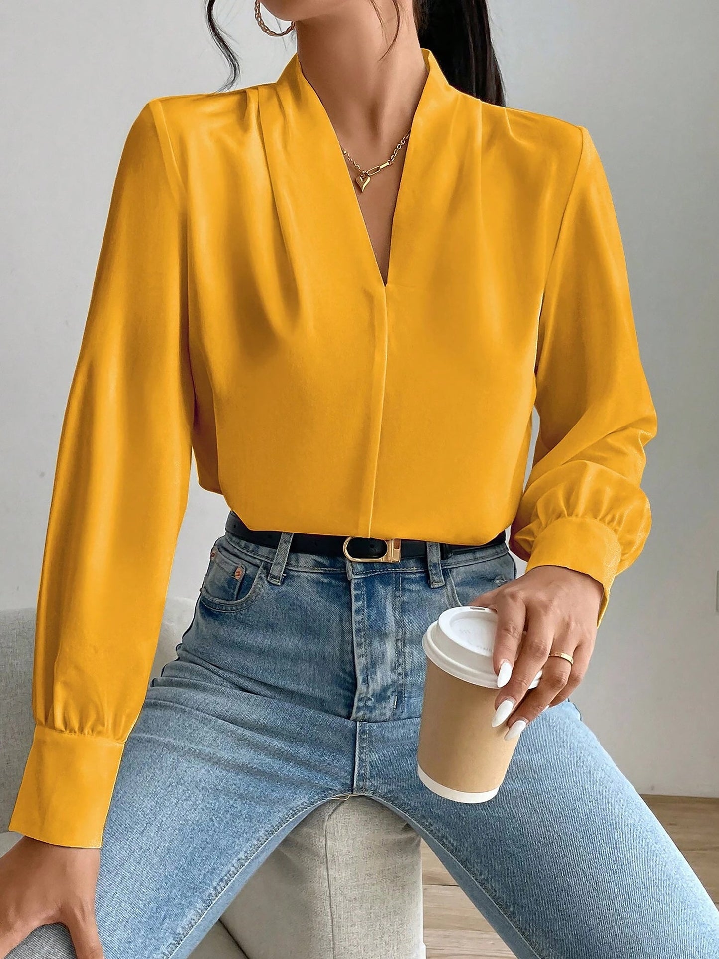 Elegant Blouses for Women with V Neck Pleated Long Sleeve Work Style