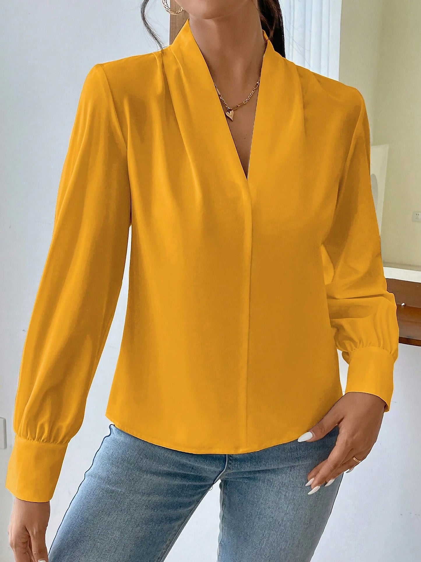 Elegant Blouses for Women with V Neck Pleated Long Sleeve Work Style