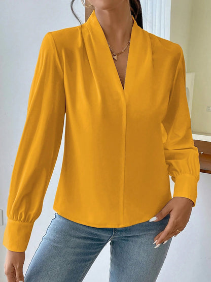 Elegant Blouses for Women with V Neck Pleated Long Sleeve Work Style