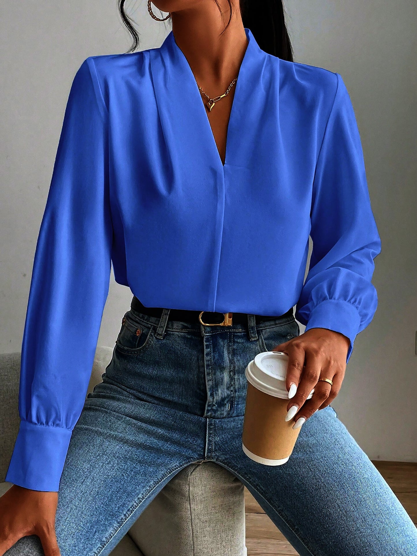 Elegant Blouses for Women with V Neck Pleated Long Sleeve Work Style