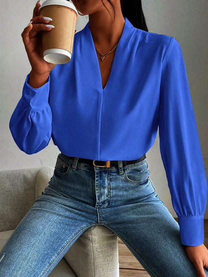 Elegant Blouses for Women with V Neck Pleated Long Sleeve Work Style