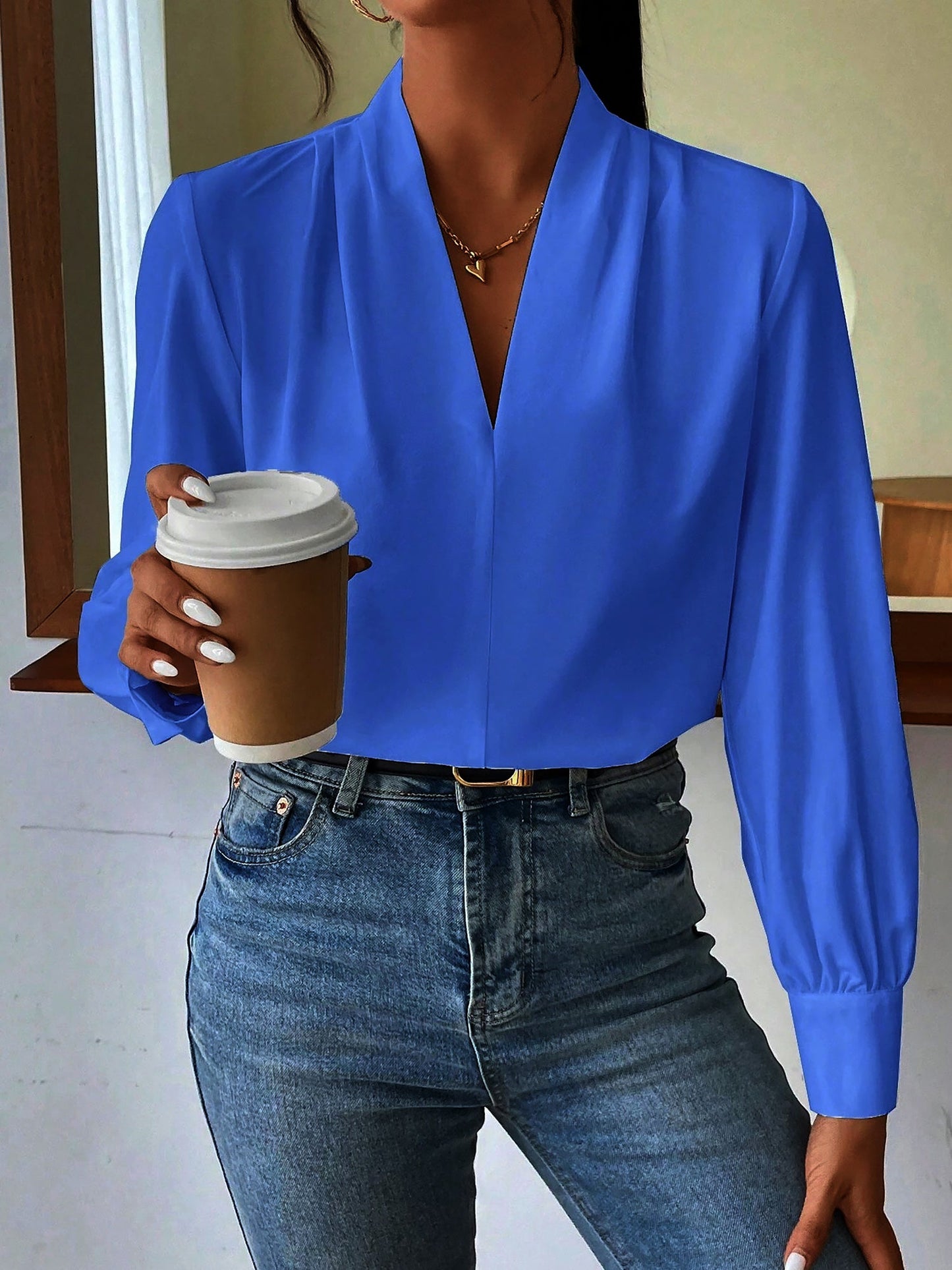 Elegant Blouses for Women with V Neck Pleated Long Sleeve Work Style