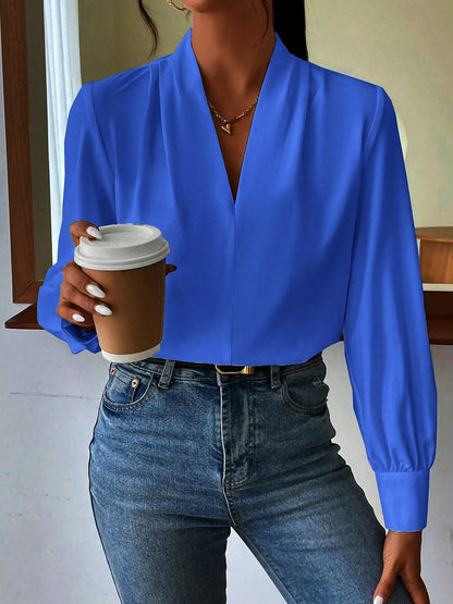 Elegant Blouses for Women with V Neck Pleated Long Sleeve Work Style