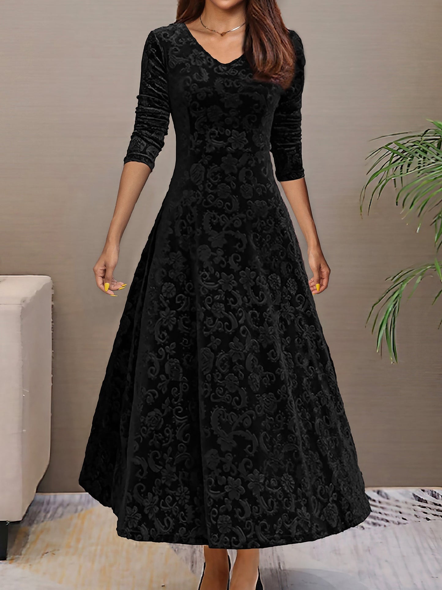 Elegant Velvet Maxi Dress for Women with V Neck Elbow Sleeve Flowing Fall Wedding Guest Style