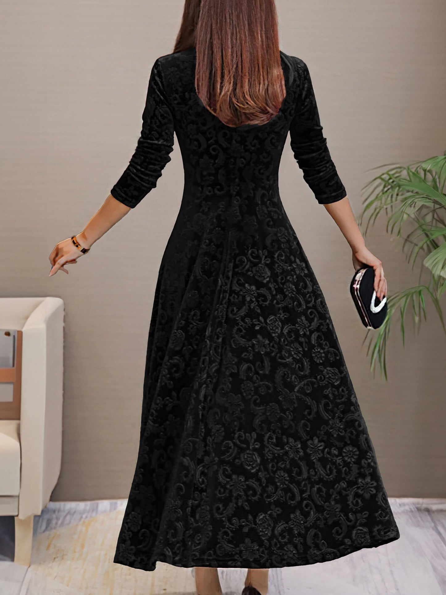 Elegant Velvet Maxi Dress for Women with V Neck Elbow Sleeve Flowing Fall Wedding Guest Style