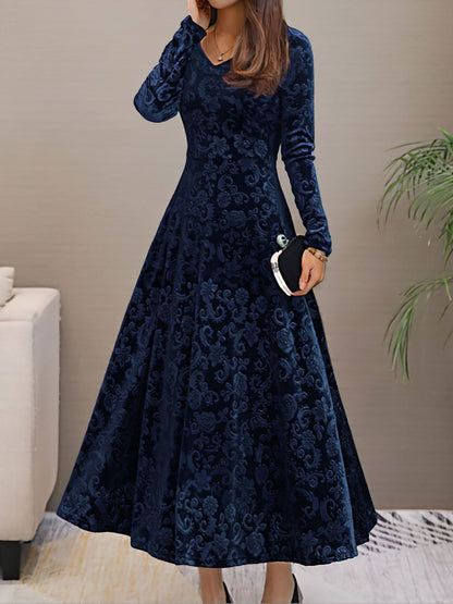 Elegant Velvet Maxi Dress for Women with V Neck Elbow Sleeve Flowing Fall Wedding Guest Style