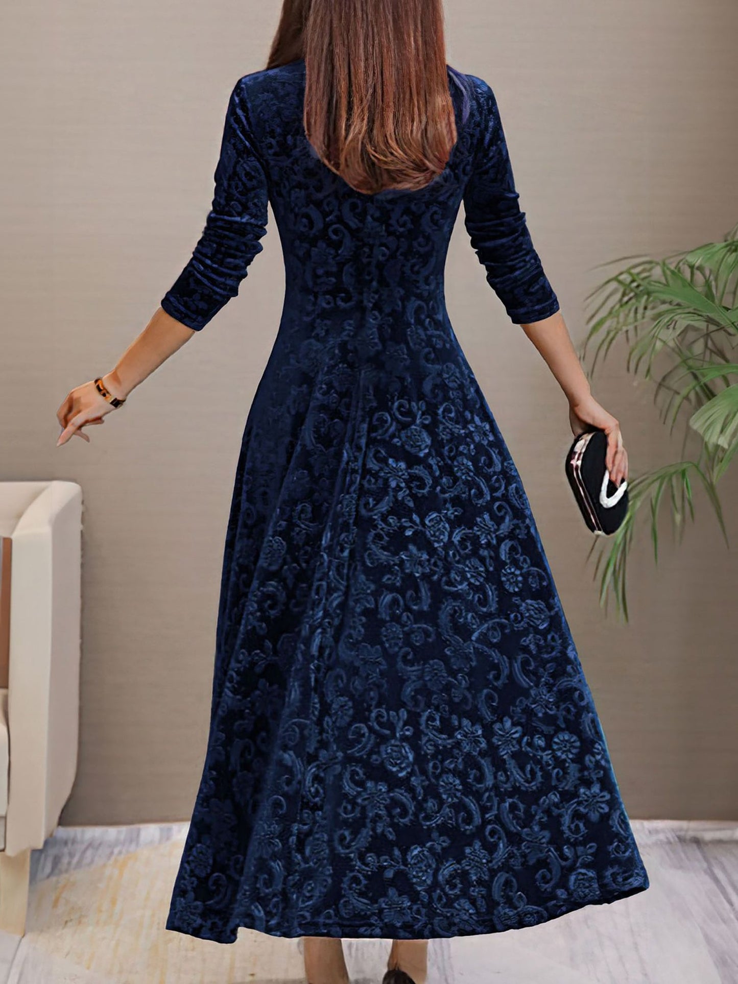 Elegant Velvet Maxi Dress for Women with V Neck Elbow Sleeve Flowing Fall Wedding Guest Style