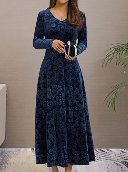 Elegant Velvet Maxi Dress for Women with V Neck Elbow Sleeve Flowing Fall Wedding Guest Style