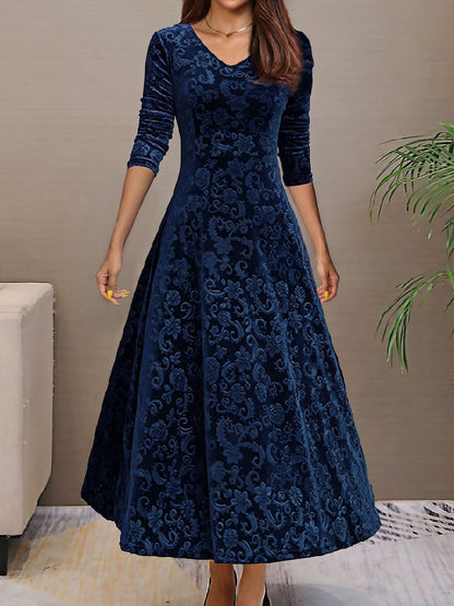 Elegant Velvet Maxi Dress for Women with V Neck Elbow Sleeve Flowing Fall Wedding Guest Style