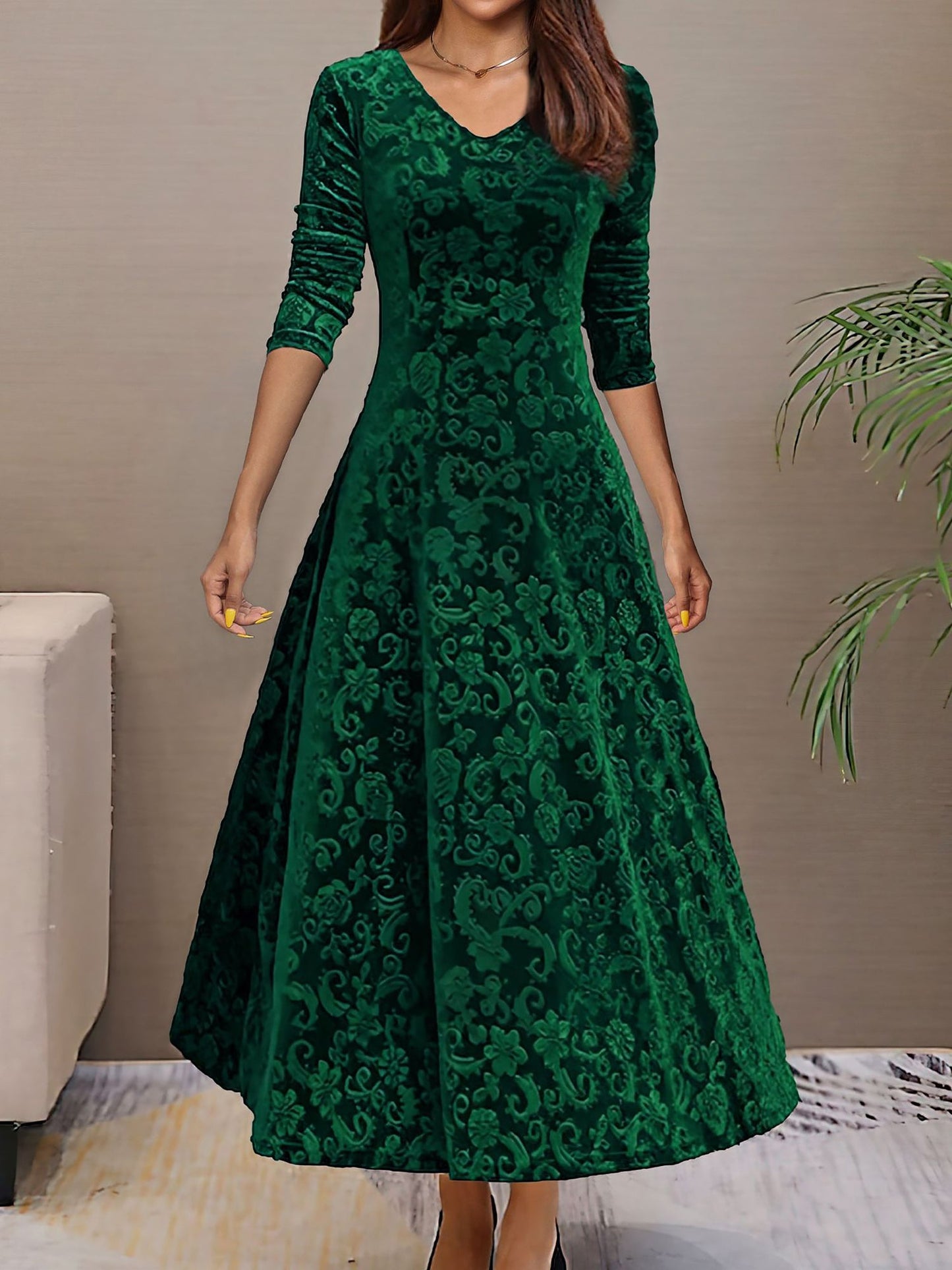 Elegant Velvet Maxi Dress for Women with V Neck Elbow Sleeve Flowing Fall Wedding Guest Style