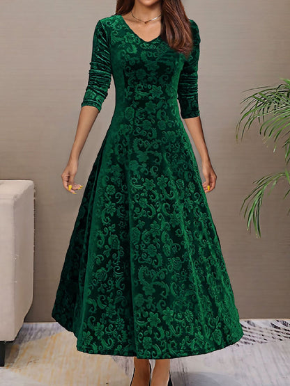 Elegant Velvet Maxi Dress for Women with V Neck Elbow Sleeve Flowing Fall Wedding Guest Style