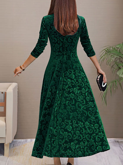 Elegant Velvet Maxi Dress for Women with V Neck Elbow Sleeve Flowing Fall Wedding Guest Style
