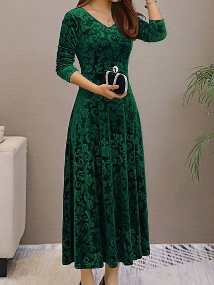 Elegant Velvet Maxi Dress for Women with V Neck Elbow Sleeve Flowing Fall Wedding Guest Style