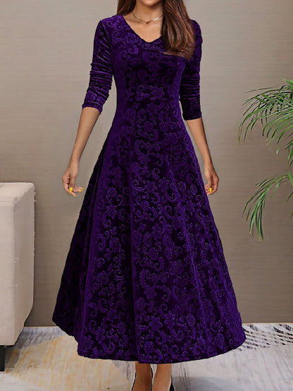 Elegant Velvet Maxi Dress for Women with V Neck Elbow Sleeve Flowing Fall Wedding Guest Style