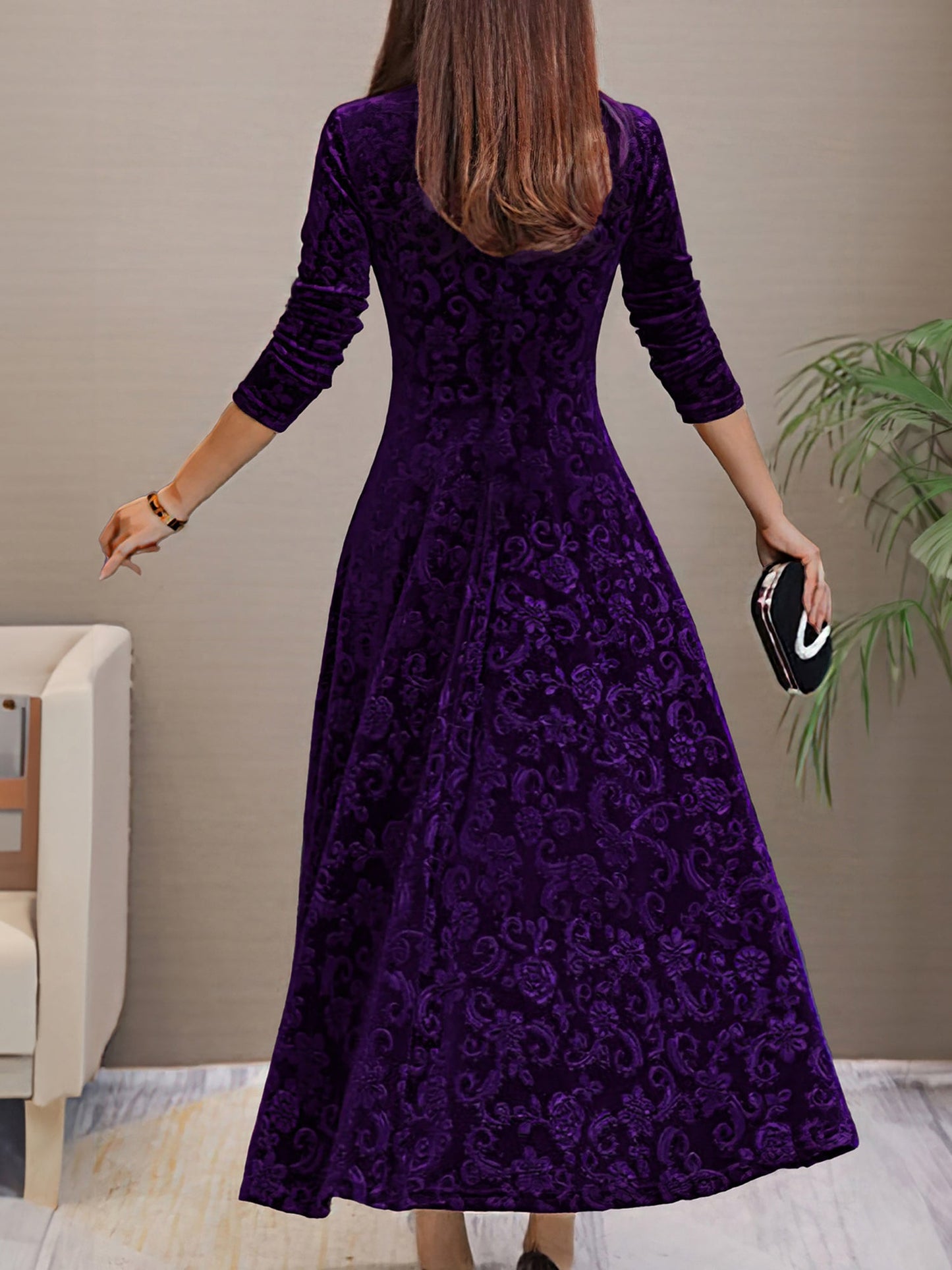 Elegant Velvet Maxi Dress for Women with V Neck Elbow Sleeve Flowing Fall Wedding Guest Style