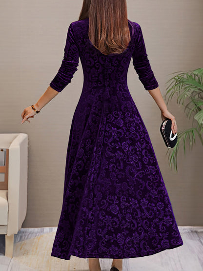 Elegant Velvet Maxi Dress for Women with V Neck Elbow Sleeve Flowing Fall Wedding Guest Style