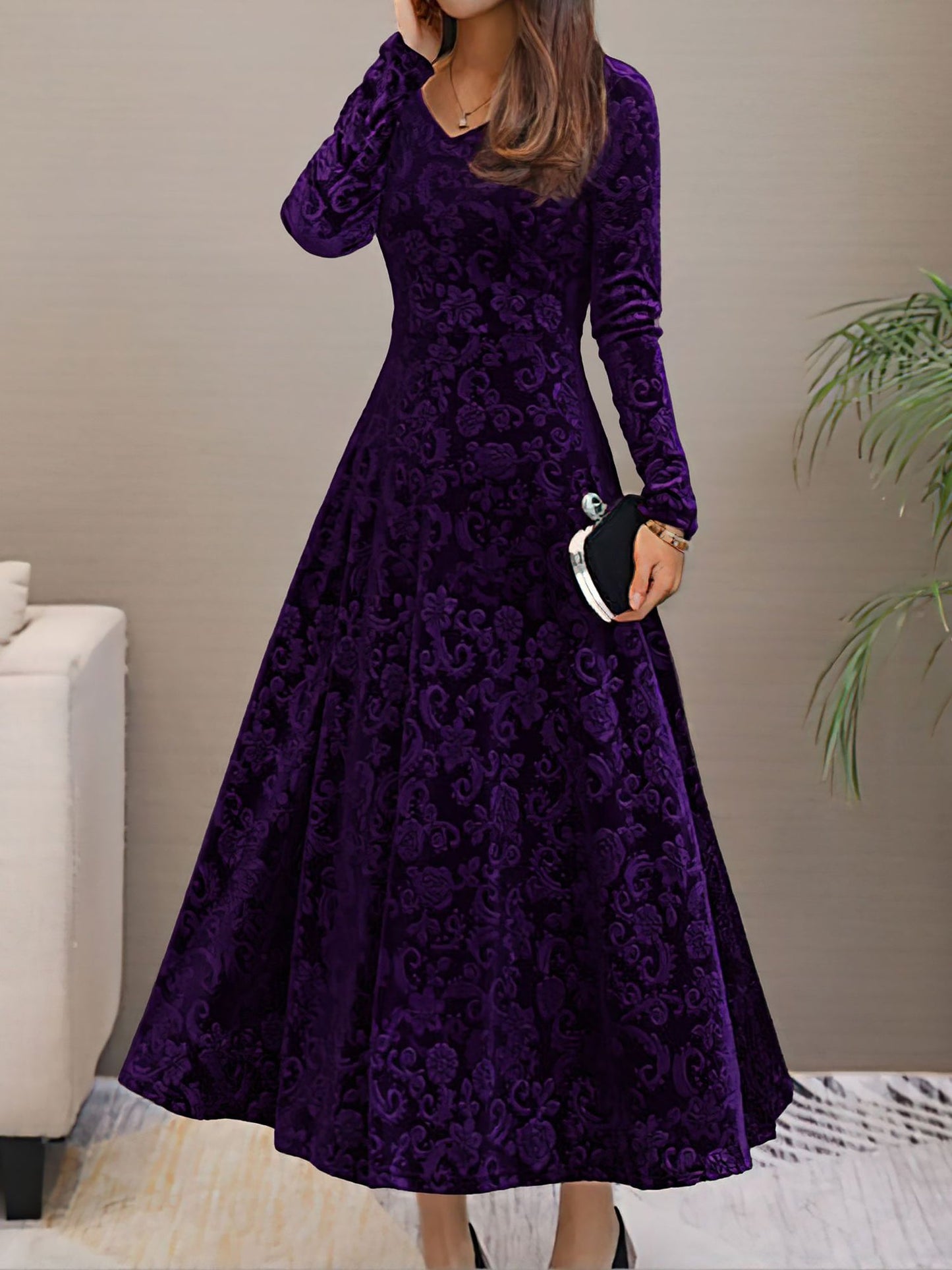 Elegant Velvet Maxi Dress for Women with V Neck Elbow Sleeve Flowing Fall Wedding Guest Style