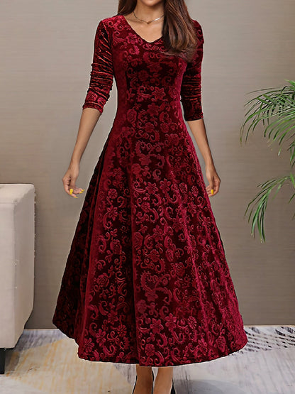 Elegant Velvet Maxi Dress for Women with V Neck Elbow Sleeve Flowing Fall Wedding Guest Style