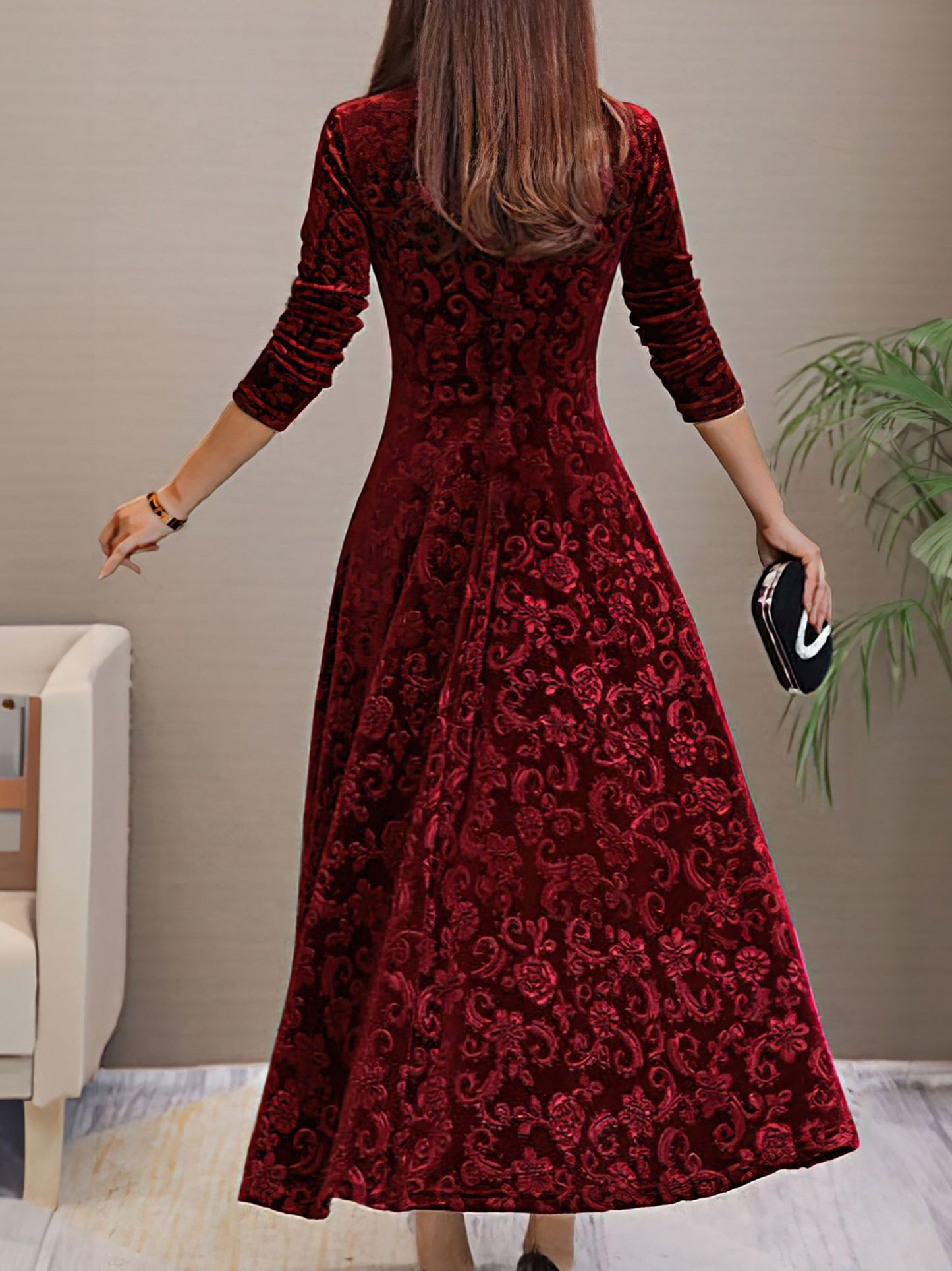 Elegant Velvet Maxi Dress for Women with V Neck Elbow Sleeve Flowing Fall Wedding Guest Style