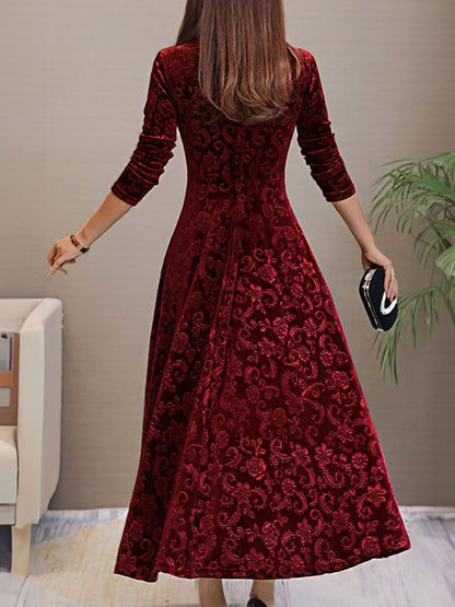 Elegant Velvet Maxi Dress for Women with V Neck Elbow Sleeve Flowing Fall Wedding Guest Style