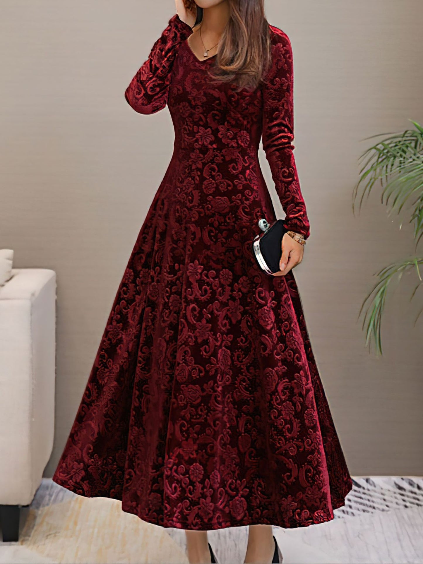 Elegant Velvet Maxi Dress for Women with V Neck Elbow Sleeve Flowing Fall Wedding Guest Style