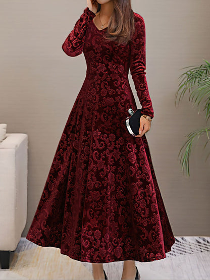 Elegant Velvet Maxi Dress for Women with V Neck Elbow Sleeve Flowing Fall Wedding Guest Style