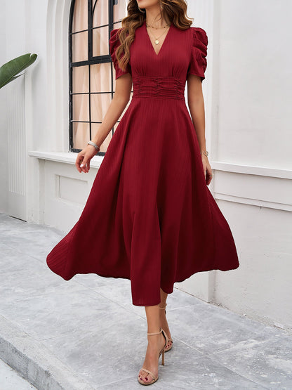 Elegant Red Dress for Women with V Neck Puff Sleeve Wrap Midi Style