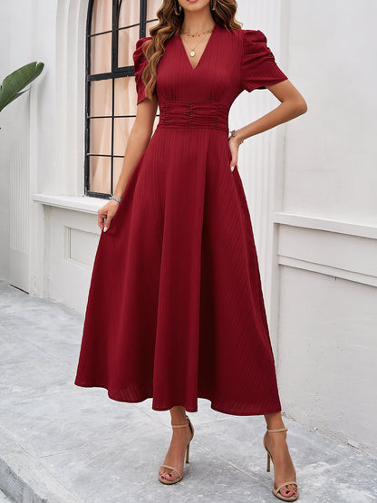 Elegant Red Dress for Women with V Neck Puff Sleeve Wrap Midi Style