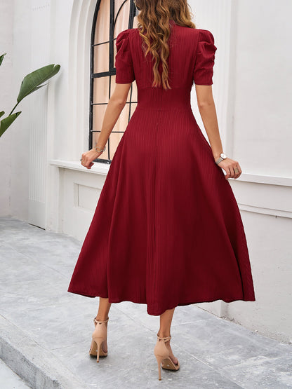 Elegant Red Dress for Women with V Neck Puff Sleeve Wrap Midi Style